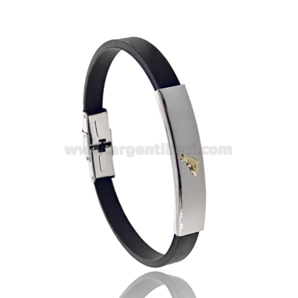 BRACCIALE IN CAUCCIU NERO IN ACCIAIO CON DELFINO CENTRALE IN BILAMINA DI OTTONE E ORO