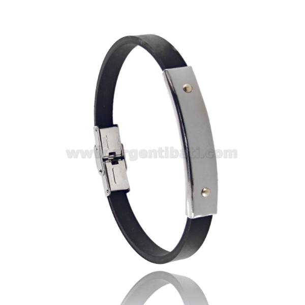 BRACCIALE IN CAUCCIU' NERO CON TARGA IN ACCIAIO CON 2 PUNTI IN OTTONE