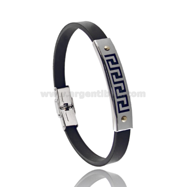 BRACCIALE IN CAUCCIU' CON TARGA CON GRECA IN ACCIAIO CON 2 PUNTI IN OTTONE