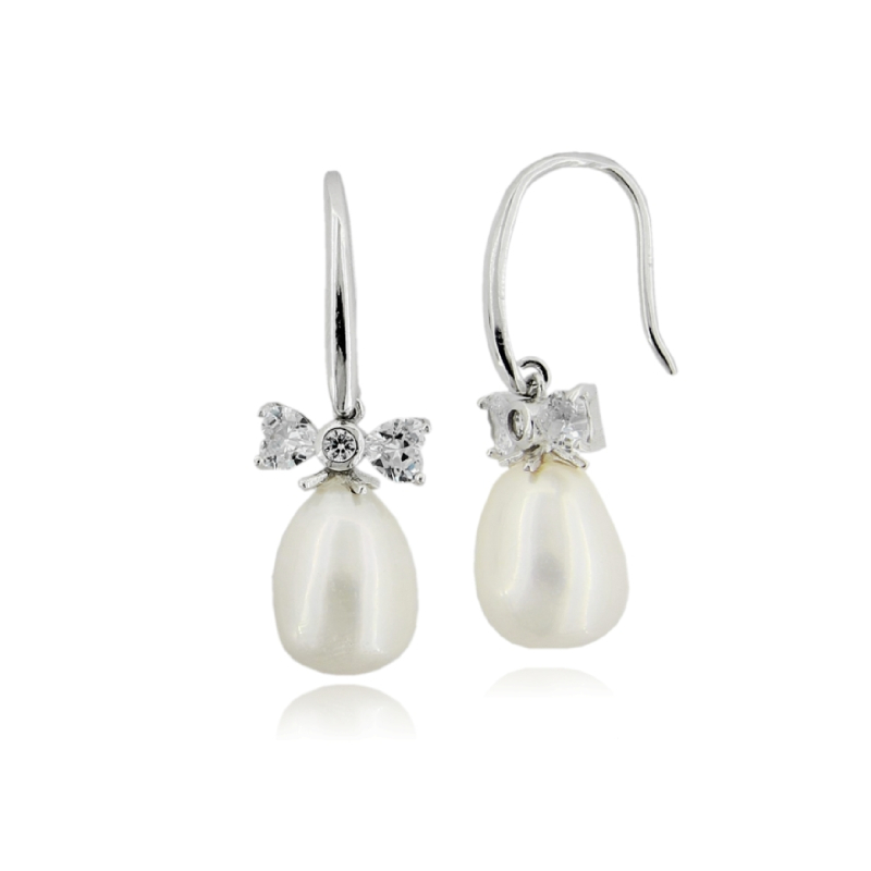ORECCHINI PENDENTI CON PERLA NATURALE MM 8X14 E ZIRCONI IN ARGENTO TIT 925
