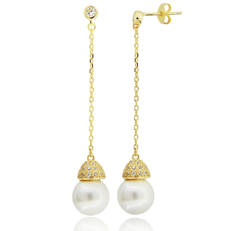 ORECCHINI PENDENTI CON PERLA MM 10 E ZIRCONI BIANCHI IN ARGENTO TIT 925