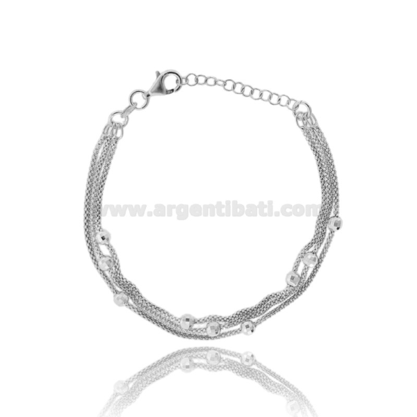 BRACCIALE A 3 FILI POP CORN CON 9 SFERE DIAMANTATE IN ARGENTO TIT 925 CM 17-19