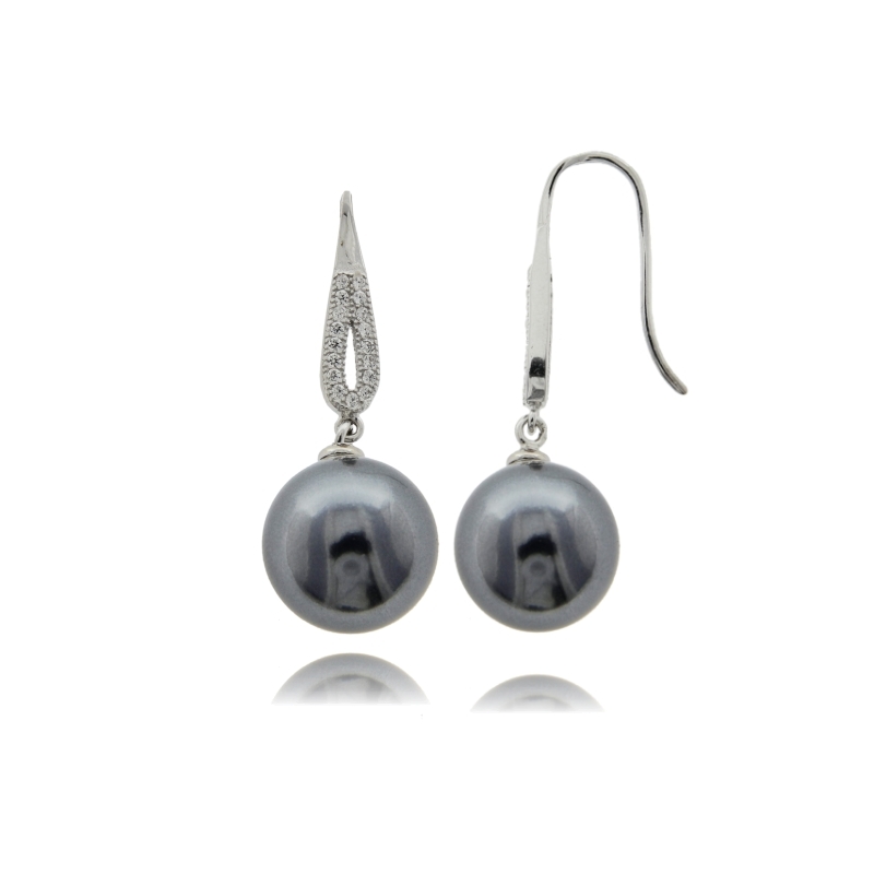 ORECCHINI PENDENTI CON PERLA GRIGIA MM 12 E ZIRCONI BIANCHI IN ARGENTO RODIATO TIT 925