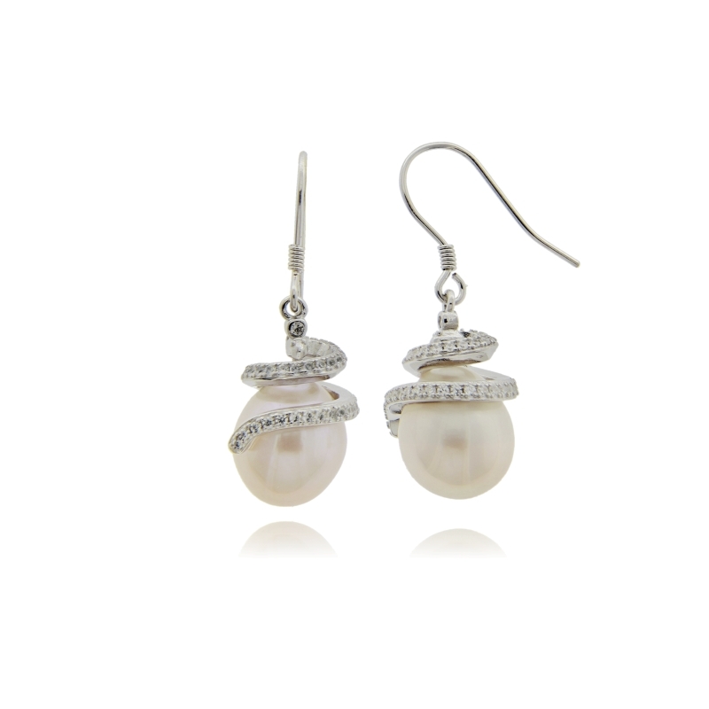 ORECCHINI PENDENTI CON PERLA NATURALE MM 8X14 E ZIRCONI IN ARGENTO TIT 925
