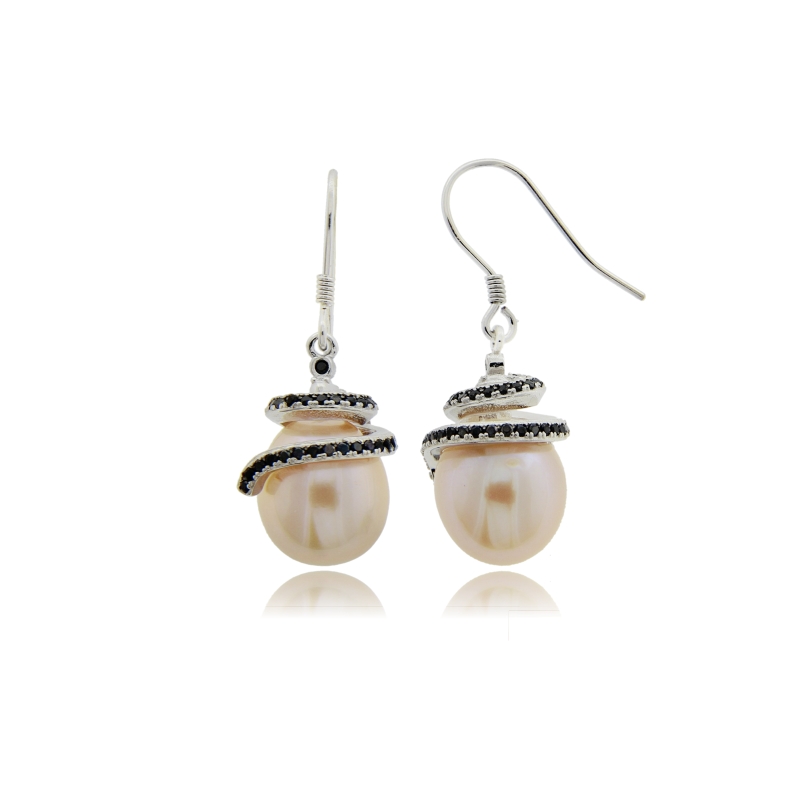 ORECCHINI PENDENTI CON PERLA NATURALE MM 8X14 E ZIRCONI IN ARGENTO TIT 925