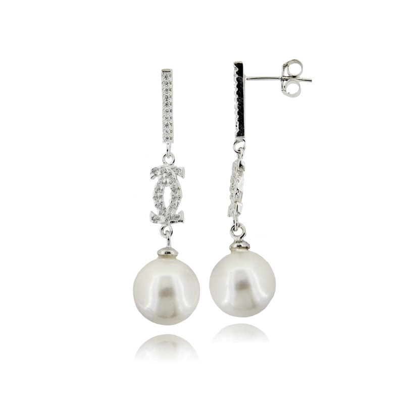 ORECCHINI PENDENTI CON PERLA MM 10 E ZIRCONI BIANCHI IN ARGENTO RODIATO TIT 925