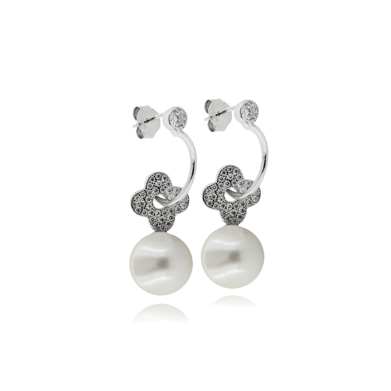 ORECCHINI PENDENTI CON PERLA MM 10 E ZIRCONI BIANCHI IN ARGENTO RODIATO TIT 925