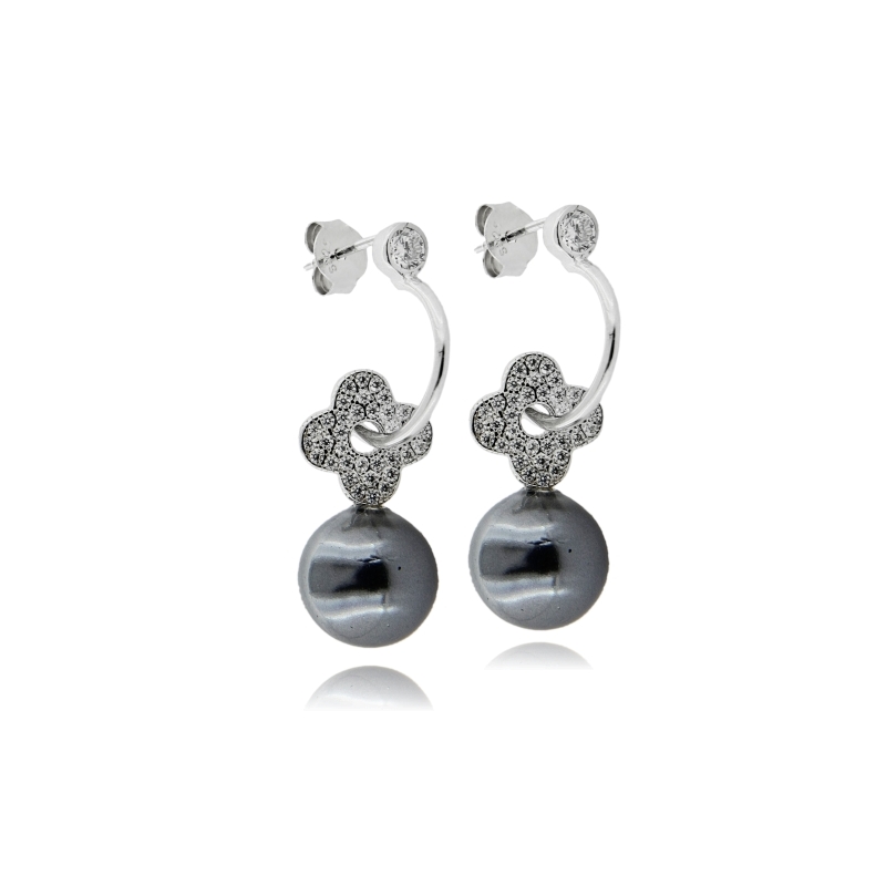 ORECCHINI PENDENTI CON PERLA MM 10 E ZIRCONI BIANCHI IN ARGENTO RODIATO TIT 925