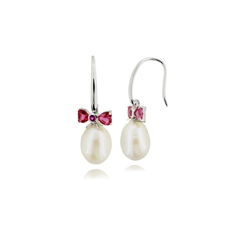 ORECCHINI PENDENTI CON PERLA NATURALE MM 8X14 E ZIRCONI IN ARGENTO TIT 925