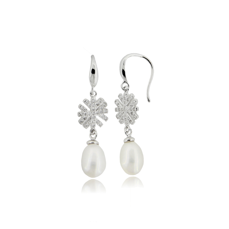 ORECCHINI PENDENTI CON PERLA NATURALE MM 9X6 E ZIRCONI BIANCHI IN ARGENTO RODIATO TIT 925