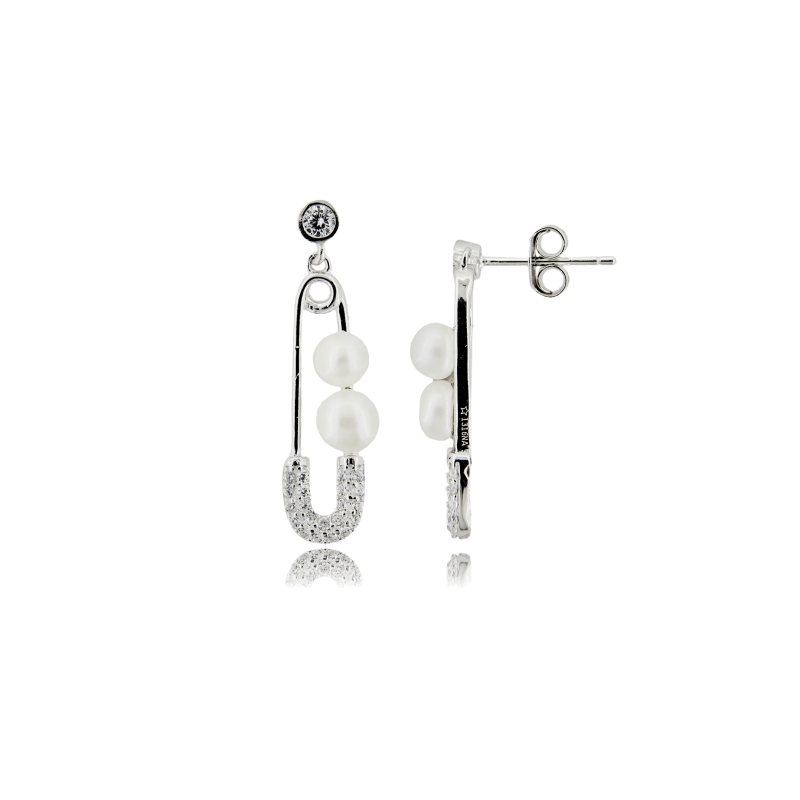 ORECCHINI PENDENTI SPILLA FRANCESE CON PERLA NATURALE MM 5 E ZIRCONI BIANCHI IN ARGENTO RODIATO TIT 925