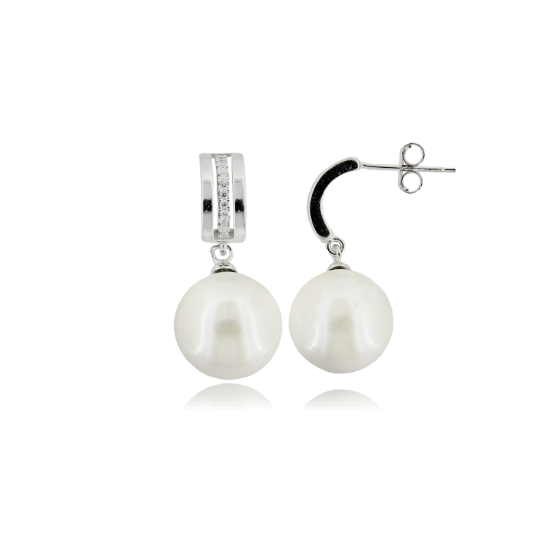 ORECCHINI PENDENTI CON PERLA MM 12 E ZIRCONI BIANCHI IN ARGENTO RODIATO TIT 925