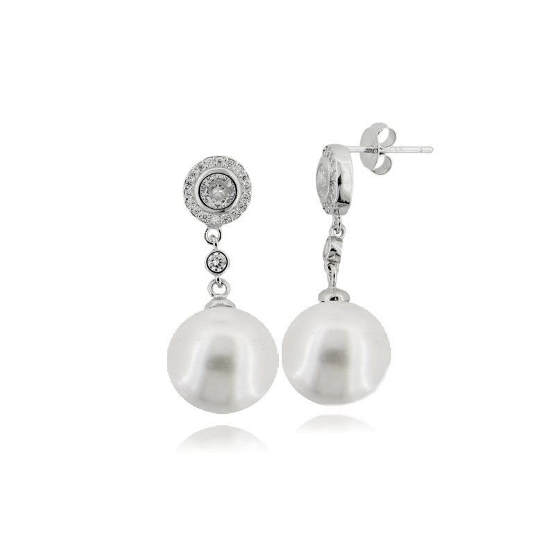 ORECCHINI PENDENTI CON PERLA MM 12 E ZIRCONI BIANCHI IN ARGENTO RODIATO TIT 925
