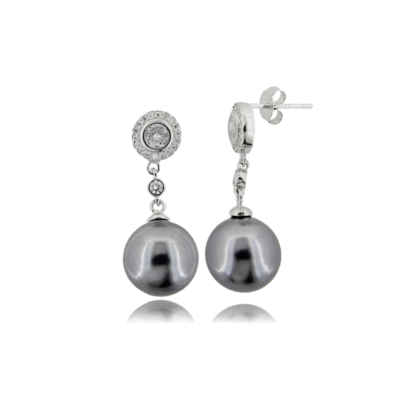 ORECCHINI PENDENTI CON PERLA MM 12 E ZIRCONI BIANCHI IN ARGENTO RODIATO TIT 925