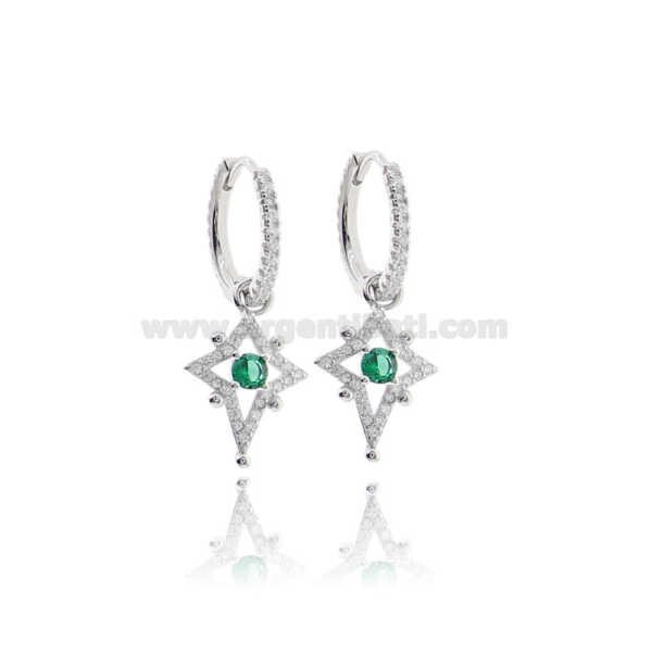 ORECCHINI A CERCHIO DIAMETRO MM 10 CON ROSA DEI  VENTI PENDENTE IN ARGENTO RODIATO TIT 925 E ZIRCONI