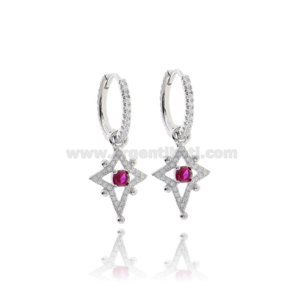 ORECCHINI A CERCHIO DIAMETRO MM 10 CON ROSA DEI  VENTI PENDENTE IN ARGENTO RODIATO TIT 925 E ZIRCONI