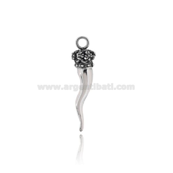 CIONDOLO CORNO CORONA TRAFORATA CON FIORI MM 40X11 IN ARGENTO MICROFUSO BRUNITO TIT 800