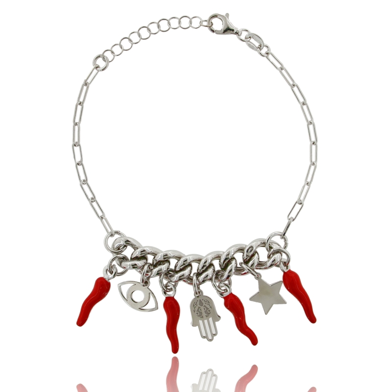 BRACCIALE GROUMETTE CON CORNI SMALTATI E MANO DI FATIMA PENDENTE IN ARGENTO RODIATO TIT 925‰ CM 17-20