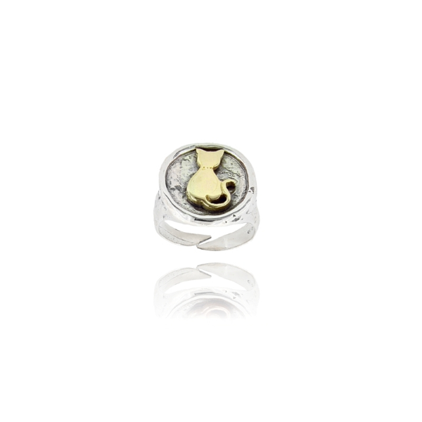 ANELLO TONDO IN ARGENTO MARTELLATO TIT 925 CON GATTO MISURA REGOLABILE DA 12