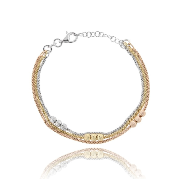 BRACCIALE A 3 FILI POP CORN CON 9 SFERE IN ARGENTO TIT 925 CM 17-19