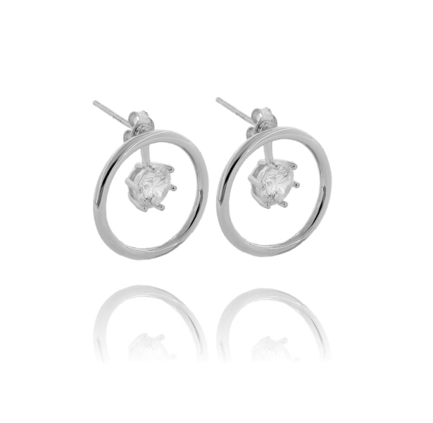 ORECCHINI CONTORNO CERCHIO MM 20 CON ZIRCONE BIANCO PENDENTE IN ARGENTO TIT 925