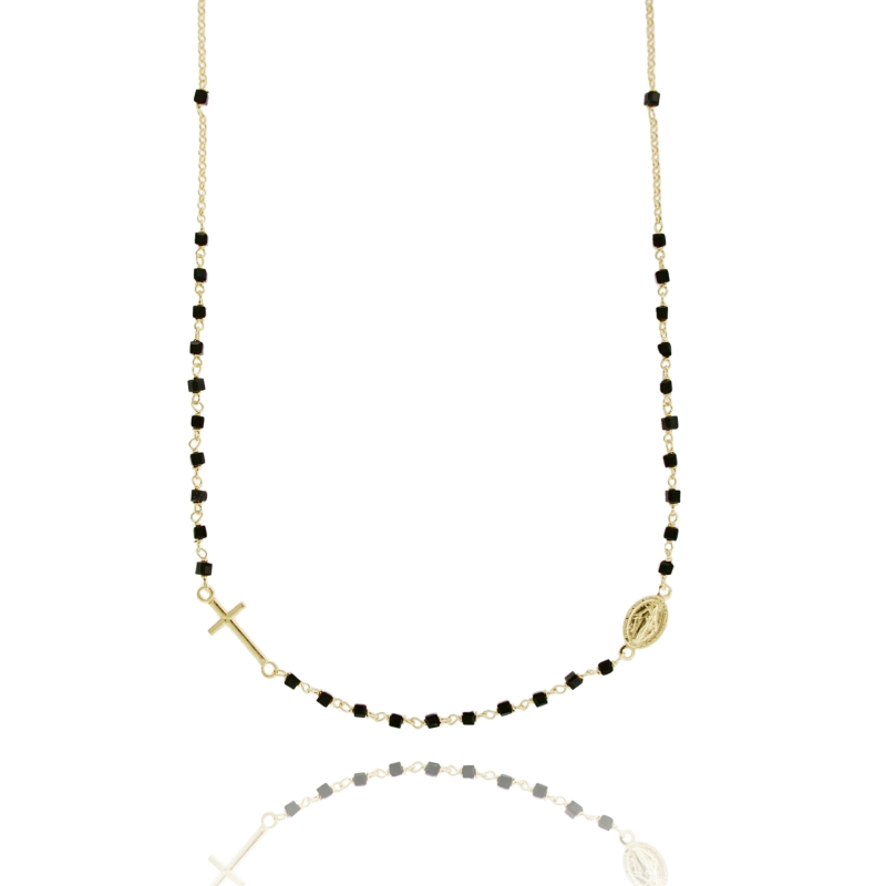 COLLANA ROSARIO A GIRO CON PIETRE NERE QUADRATE CM 50 IN ARGENTO DORATO 925‰