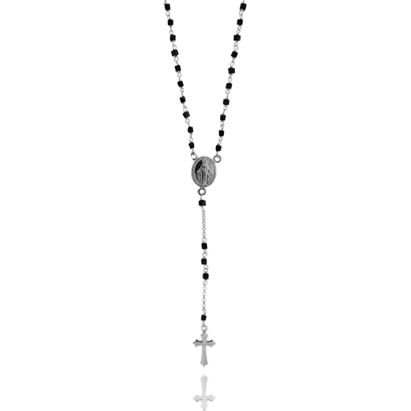 COLLANA ROSARIO CON PIETRE NERE QUADRATE CM 50 IN ARGENTO RODIATO 25‰