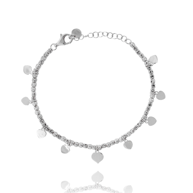 BRACCIALE CON PEPITE E CUORI PENDENTI IN ARGENTO RODIATO TIT 925 CM 17-19