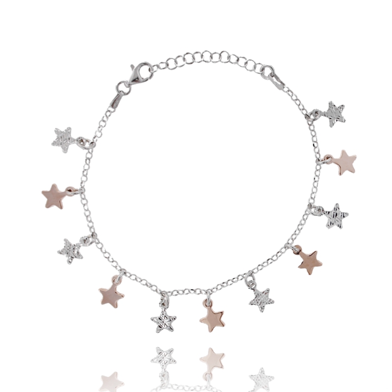 BRACCIALE ROLO' CON STELLINE IN ARGENTO RODIATO E ROSATO TIT 925‰ CM DA 17 ESTENSIBILE A 19