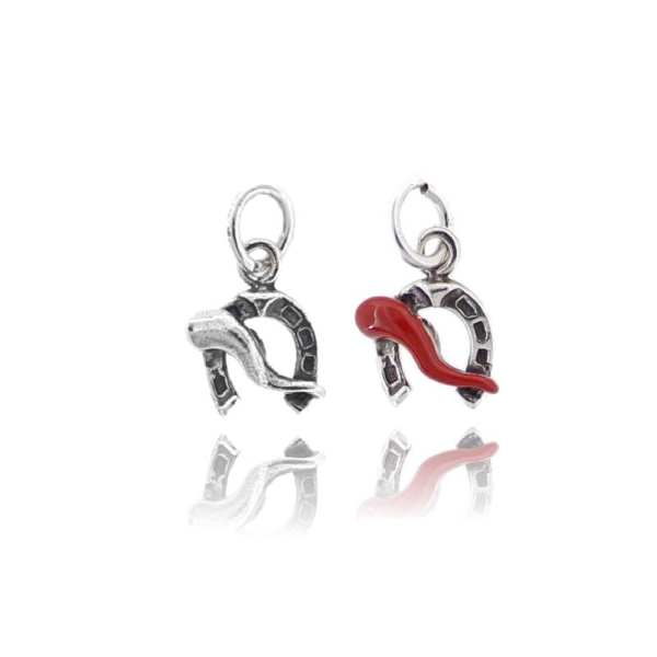 CIONDOLO FERRO DI CAVALLO MM 17 CON CORNO PZ 2 IN ARGENTO BRUNITO TIT 800