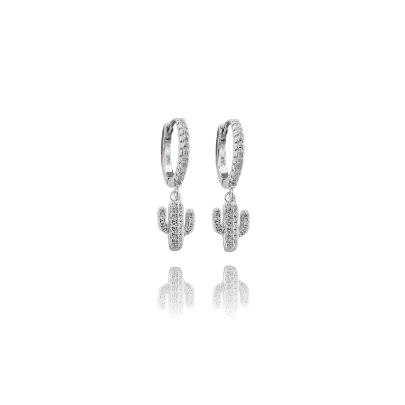 ORECCHINI A CERCHIO DIAMETRO MM 10 CON KACTUS PENDENTE IN ARGENTO RODIATO TIT 925 E ZIRCONI