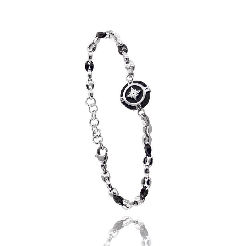 BRACCIALE CON CENTRALE TONDO CON ROSA DEI VENTI IN ACCIAIO BICOLORE CM 21