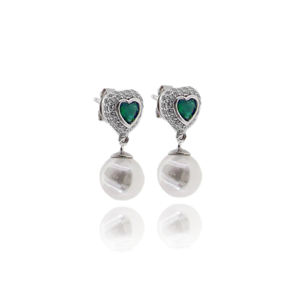 ORECCHINI PENDENTI CUORE E PERLA IN ARGENTO RODIATO TIT 925 E ZIRCONI COLORATI