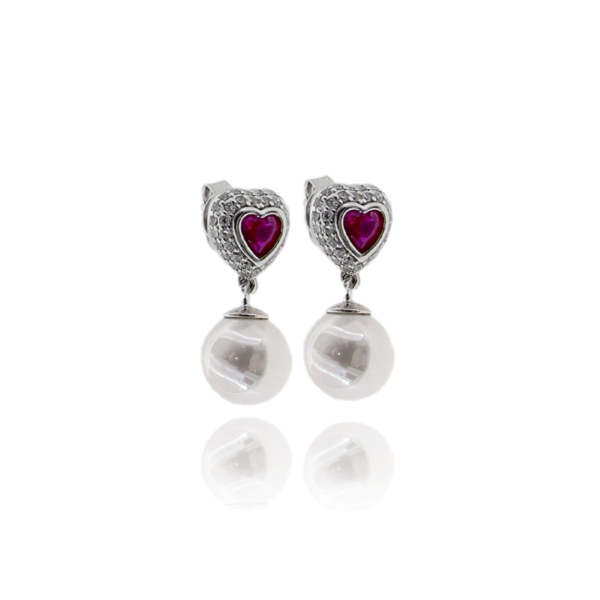 ORECCHINI PENDENTI CUORE E PERLA IN ARGENTO RODIATO TIT 925 E ZIRCONI COLORATI