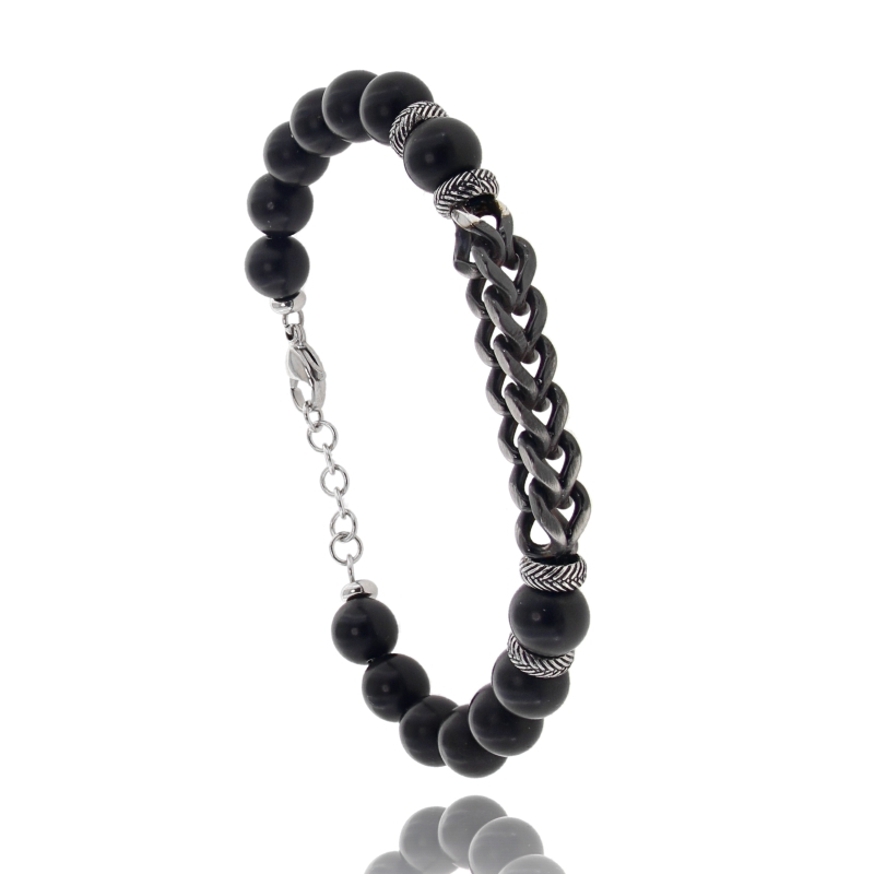 BRACCIALE CON SFERE DI PIETRA DURA E CATENA IN ACCIAIO BRUNITO CM 21