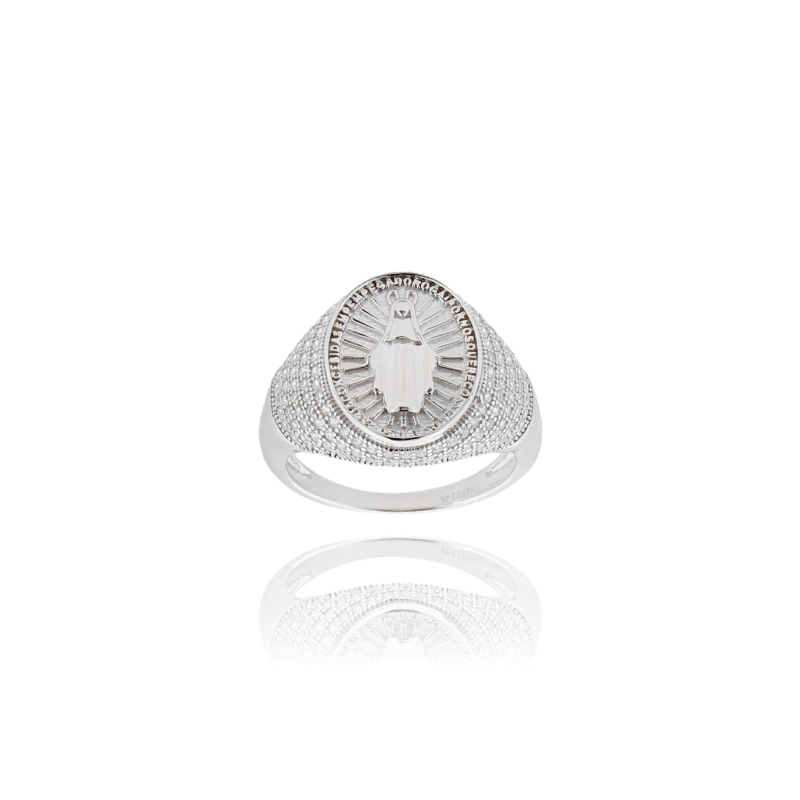 ANELLO OVALE CON MADONNA IN ARGENTO RODIATO TIT 925 E ZIRCONI MISURA 18