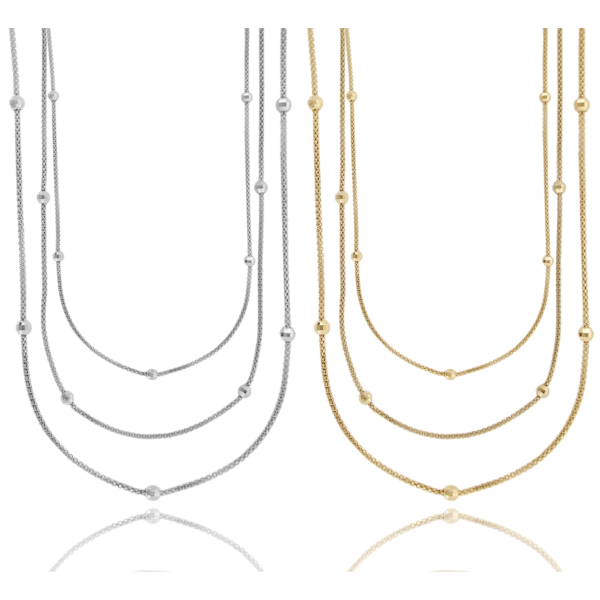 COLLANA A 3 FILI POP CORN CON SFERE DIAMANTATE IN ARGENTO TIT 925 CM 42-47