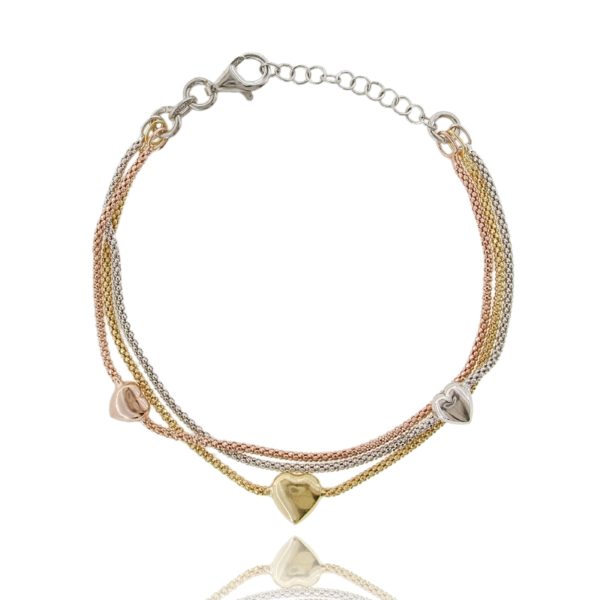 BRACCIALE A 3 FILI POP CORN CON 3 CUORI IN ARGENTO TIT 925 CM 17-19