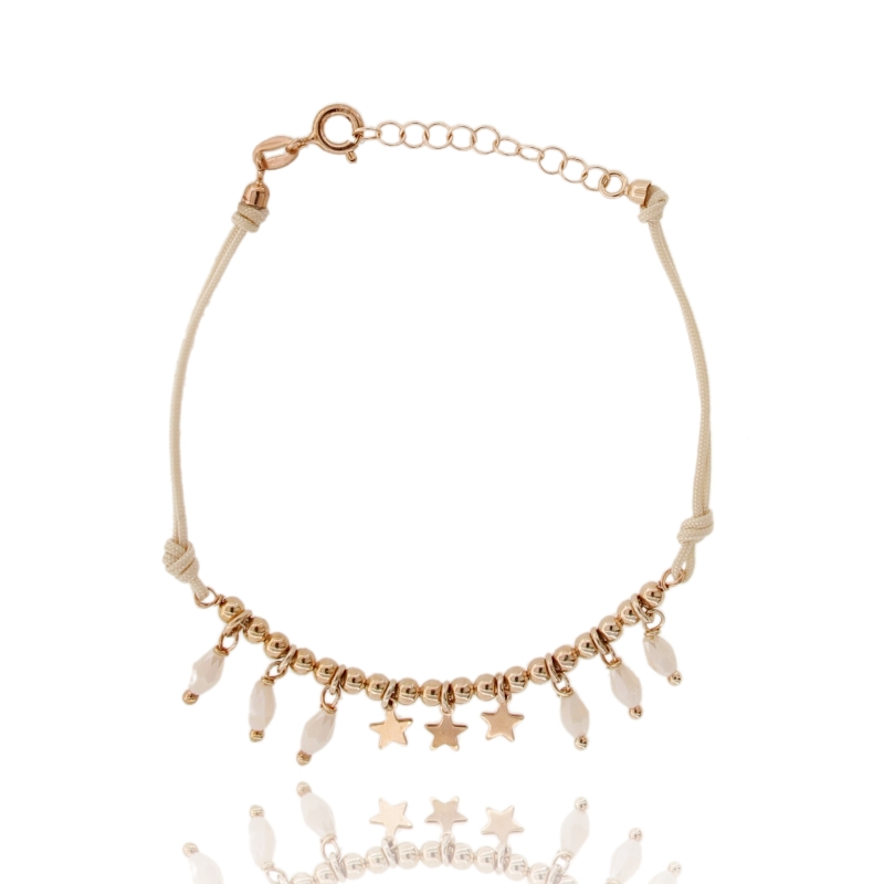 BRACCIALE SETA CERATA CON STELLE E PIETRE PENDENTI IN ARGENTO ROSATO TIT 925 CM 17-19