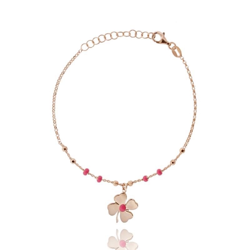 BRACCIALE CON QUADRIFOGLIO E SFERE SMALTATE IN ARGENTO ROSATO TIT 925 CM 17-19