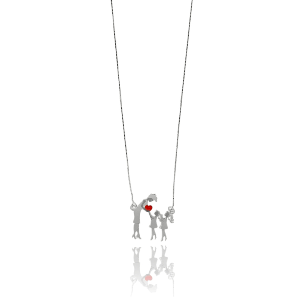 COLLANA VENEZIANA CON MAMMA, FIGLIA, FIGLIA E CUORICINO SMALTATO ROSSO MM 23X24 IN ARGENTO TIT 925 CM 40-45