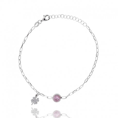 BRACCIALE FORZATINA CON SOLITARIO DI ZIRCONE E QUADRIFOGLIO IN ARGENTO RODIATO TIT 925 CM 17-19