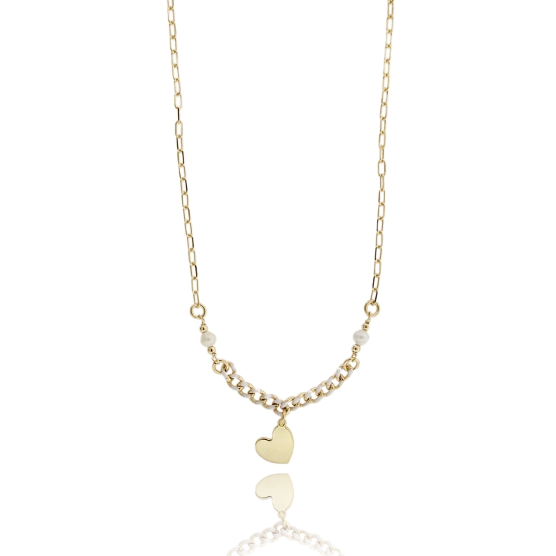 COLLANA FORZATINA CON CUORE E PERLE IN ARGENTO DORATO TIT 925 CM 38-42