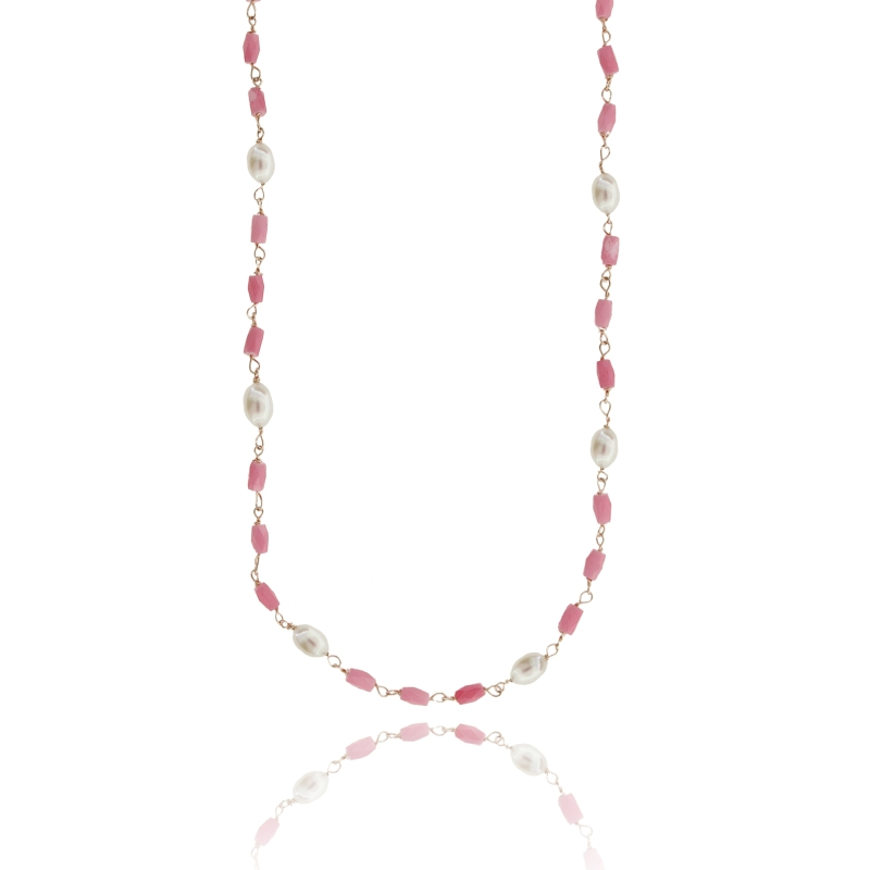 COLLANA ROLO' CON PIETRE E PERLE ALTERNATE IN ARGENTO ROSATO TIT 925 CM 38-42