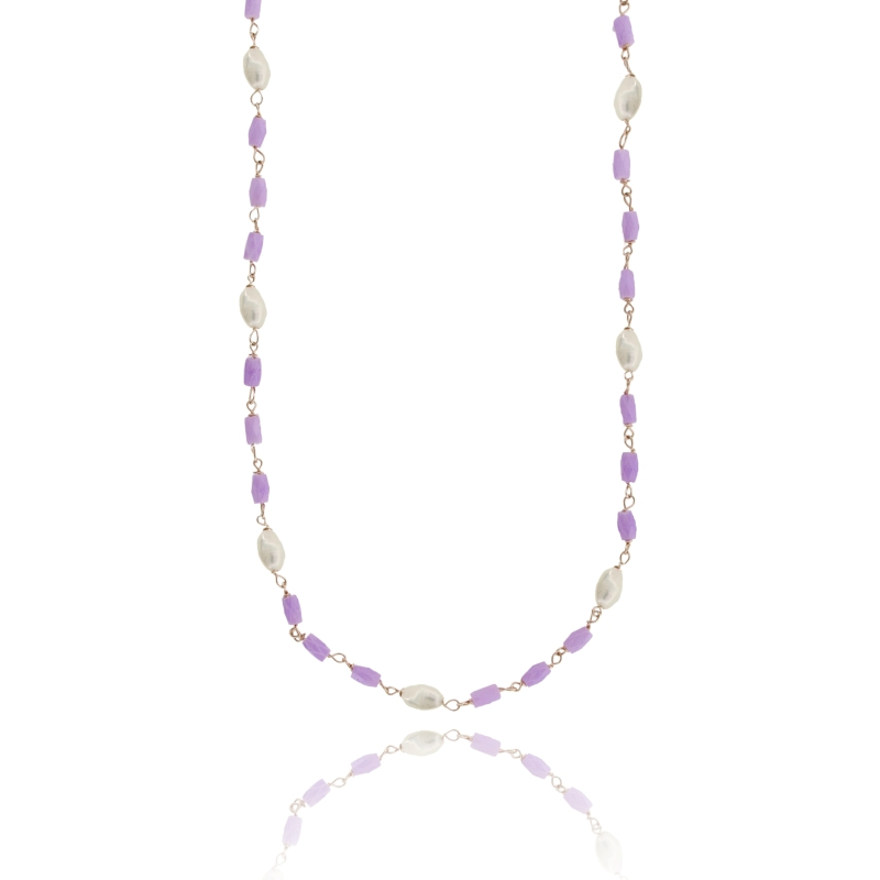 COLLANA ROLO' CON PIETRE E PERLE ALTERNATE IN ARGENTO ROSATO TIT 925 CM 38-42