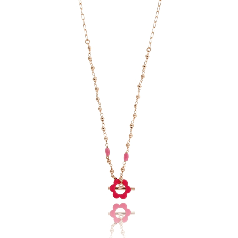 COLLANA CON FIORE SMALTATO E PIETRE IN ARGENTO ROSATO TIT 925 CM 38-42