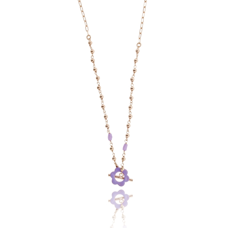 COLLANA CON FIORE SMALTATO E PIETRE IN ARGENTO ROSATO TIT 925 CM 38-42