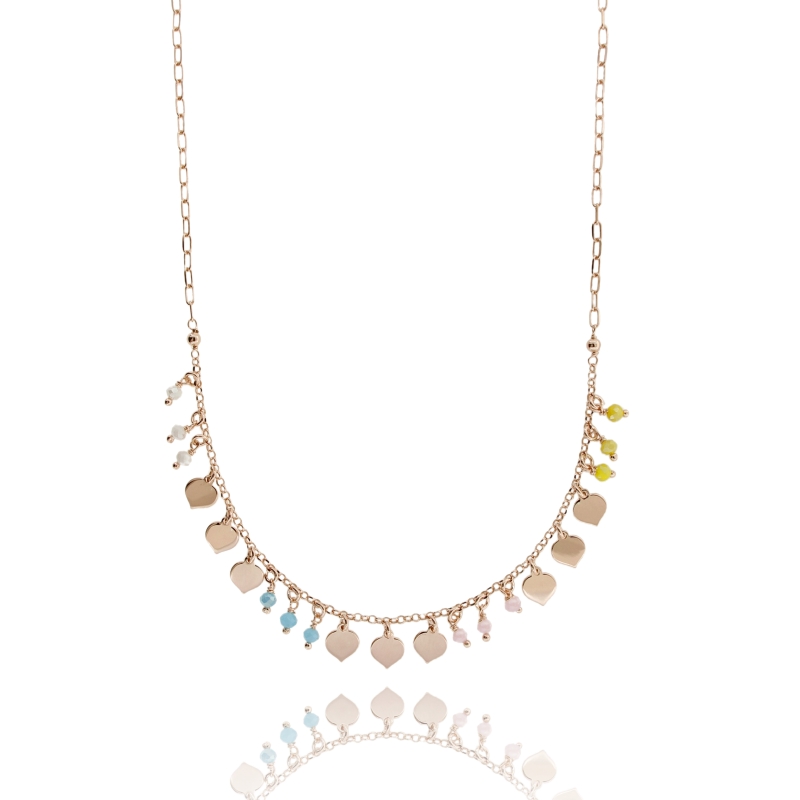 COLLANA ROLO' CON PIETRE E CUORI PENDENTI IN ARGENTO ROSATO TIT 925 CM 38-42