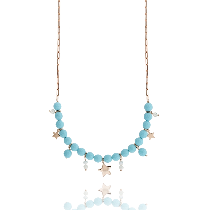 COLLANA CON PASTA DI TURCHESE, PIETRE E STELLE PENDENTI IN ARGENTO ROSATO TIT 925 CM 38-42