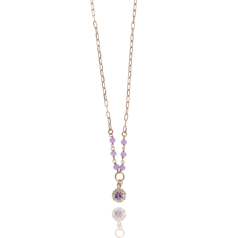 COLLANA CON CON FIORE DI ZIRCONI E PIETRE IN ARGENTO ROSATO TIT 925 CM 38-42